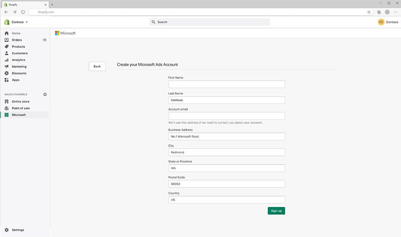 Sample Shopify page showing how to create a Microsoft Ads account.