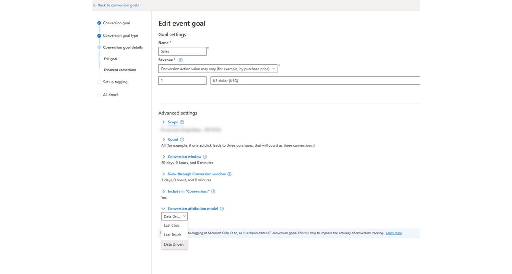 Conversion goal page where you can edit the conversion attribution model