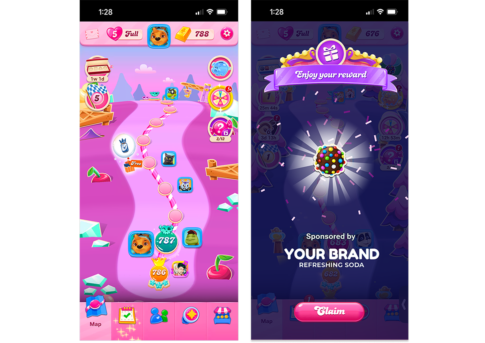 Left image: Your brand appears as a step along the player's level journey in Candy Crush Saga. Right image: Upon interacting and completion, the player is granted a reward sponsored by your brand.
