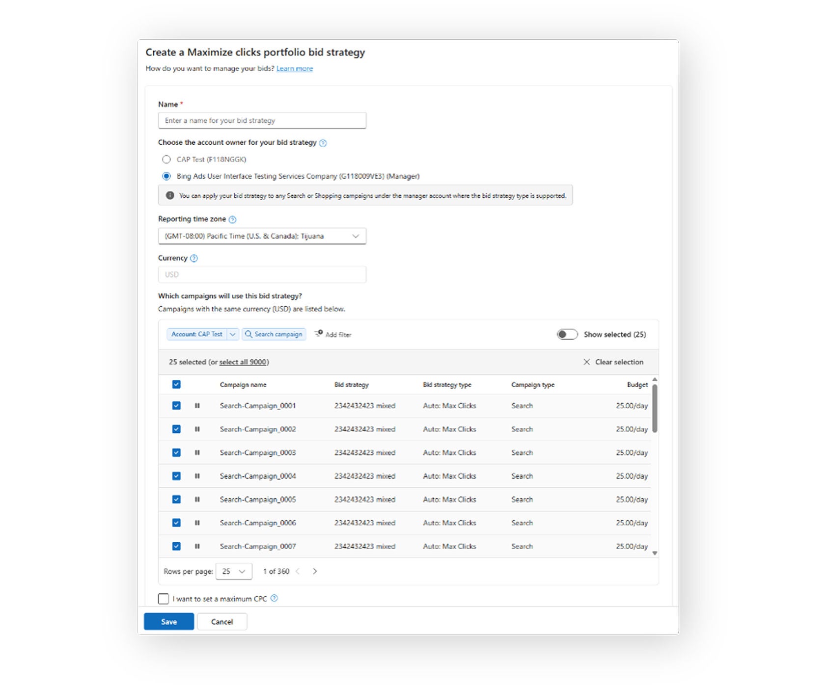 A screenshot of the cross-account portfolio bid strategy capability