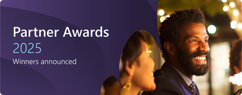 Banner announcing Partner Awards 2025 winners with text on a dark purple background on the left and a photo of smiling people dressed formally on the right.