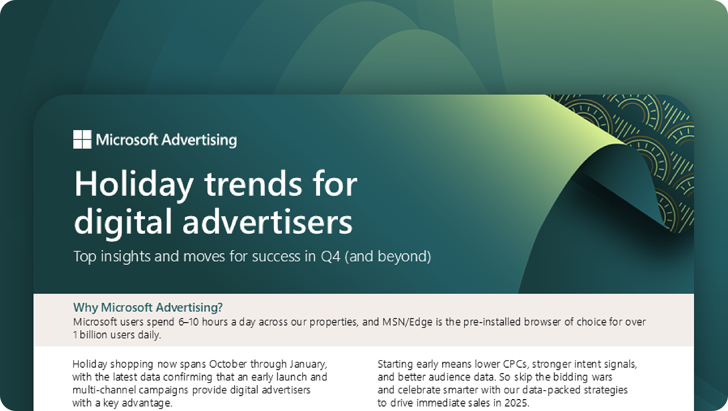A green and gold graphic with a geometric swirl in the top right corner. The text reads: “Holiday trends for digital advertisers. Top insights and moves for success in Q4 (and beyond).” Microsoft Advertising branding is visible at the top.​