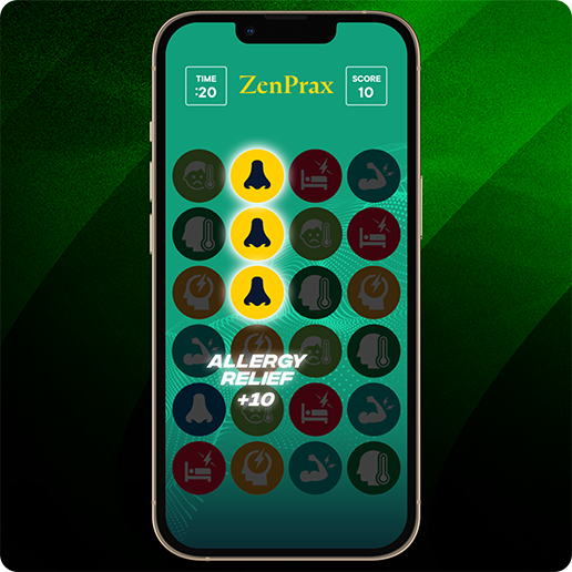 Smartphone mit einem Match-3-Spiel vor grünem Hintergrund mit verschiedenen gesundheitsbezogenen Symbolen. Drei Nasen-Symbole sind mit „ALLERGY RELIEF +10“ hervorgehoben, oben sind Timer, Punktestand und das ZenPrax-Logo zu sehen.