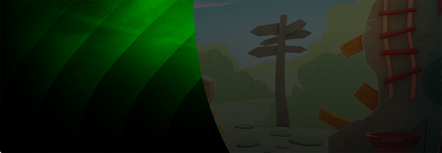 Grün gestreifter Hintergrund links und eine cartoonartige Outdoor-Szene rechts mit einem hölzernen Wegweiser, Bäumen und einer Felsstruktur mit roter Leiter.