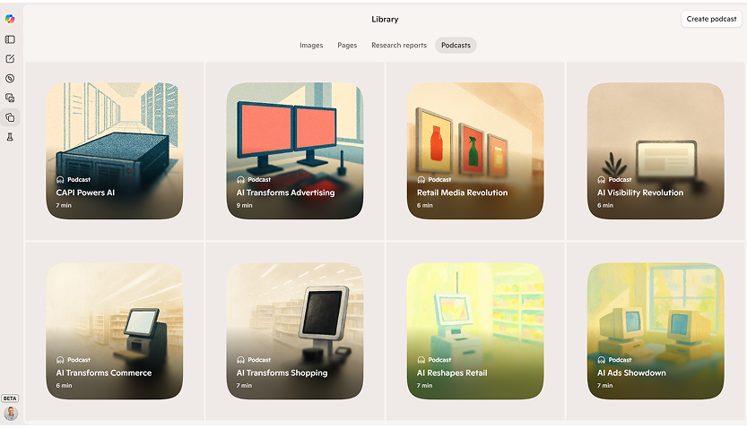 Copilot library of AI marketing podcasts.