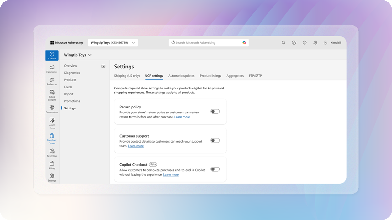 Screenshot of the UI of the Microsoft Merchant Center.