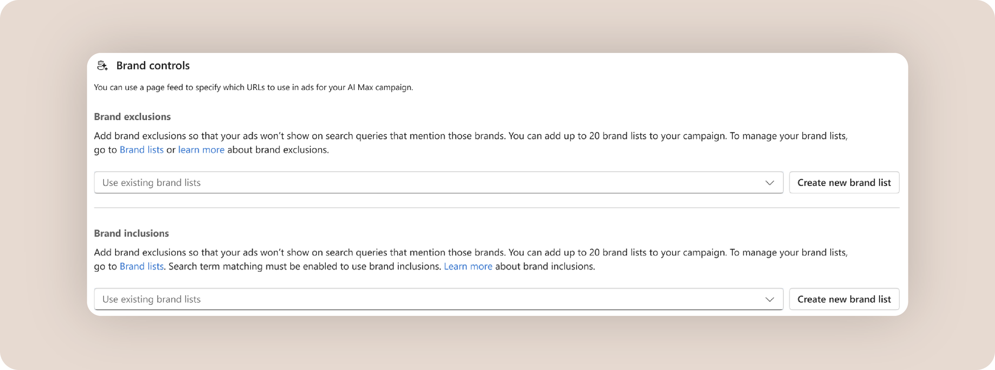 Screenshot of the Brand Controls section in Microsoft Advertising AI Max campaign settings. The interface allows advertisers to manage brand exclusions and brand inclusions using brand lists, helping control which brand-related search queries can trigger ads. Buttons to select existing brand lists or create new brand lists are displayed.