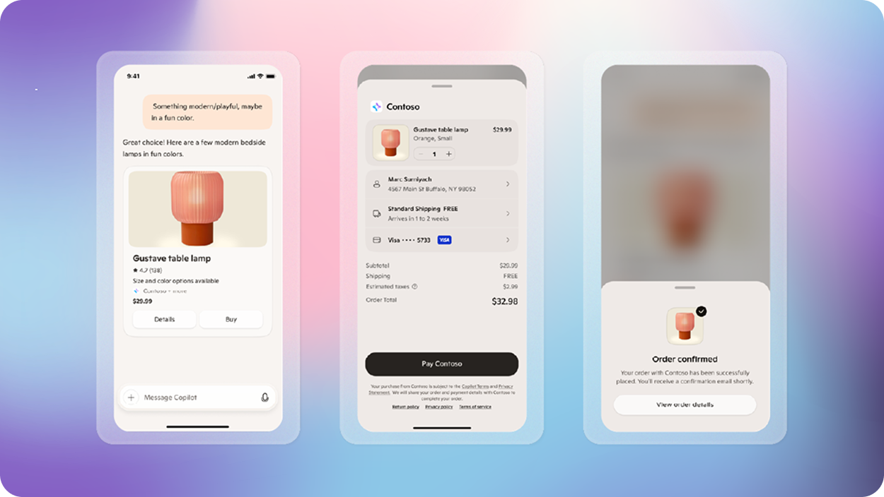 Visual of Copilot Checkout, showing the purchase of a lamp.
