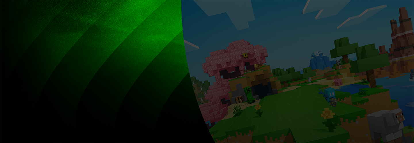 Grüner Farbverlauf mit geschwungener Kante, die den Blick auf eine pixelartige Spielszene mit Bäumen, Wasser, Tieren und einer pinkfarbenen Baumstruktur freigibt.