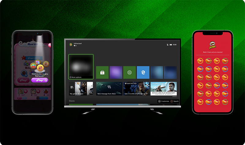 Drei Bildschirme vor grünem Hintergrund: ein Smartphone mit Candy Crush, ein Fernseher mit der XBOX-Startseite und ein Smartphone mit einem Pringles-Match-3-Spiel.