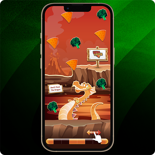 Smartphone mit einem Spiel, das einen orangefarbenen Drachen in einer felsigen Schlucht zeigt, umgeben von herabfallenden Chips und Brokkoli, mit „Don’t Feed The Dragon“-Schild und Ultra-Chipz-Logo vor einem roten Vulkanhintergrund.