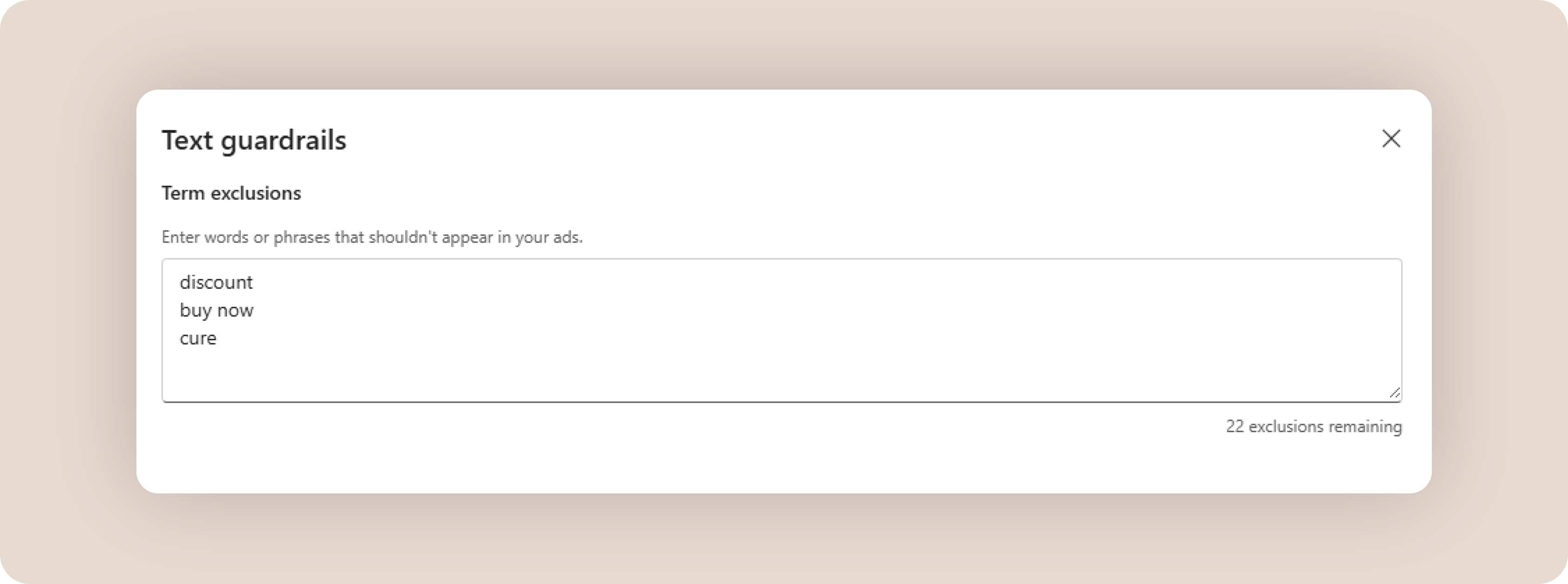 Screenshot of the Text Guardrails feature in Microsoft Advertising AI Max. The interface allows advertisers to define term exclusions by entering words or phrases that should not appear in AI-generated ad copy, with examples including “discount,” “buy now,” and “cure.” The screen also shows the number of remaining exclusions available.