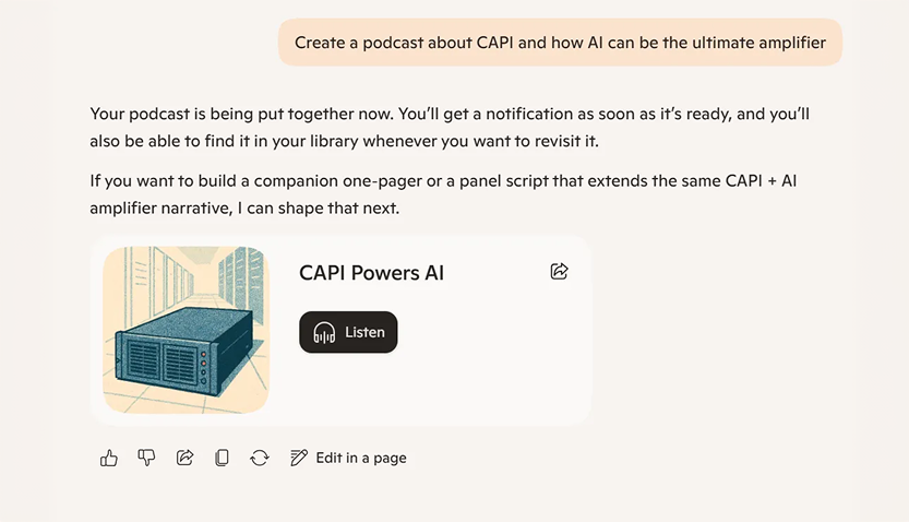Copilot-generated podcast card titled ‘CAPI Powers AI.