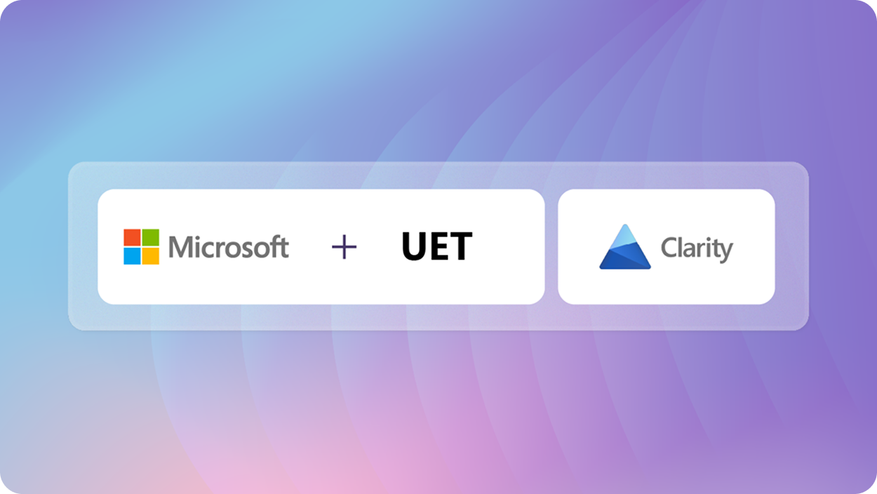 Illustration showing the Microsoft logo, the word UET and a Microsoft Clarity logo.