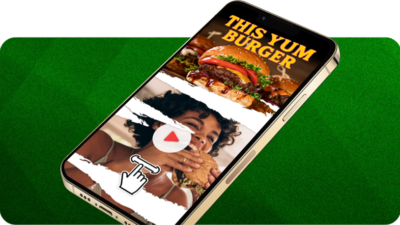 Smartphone mit einer Food-Werbung für „THIS YUM BURGER“, einem großen Burger und einem interaktiven Scratch-Bereich vor einem grün gestreiften Hintergrund.