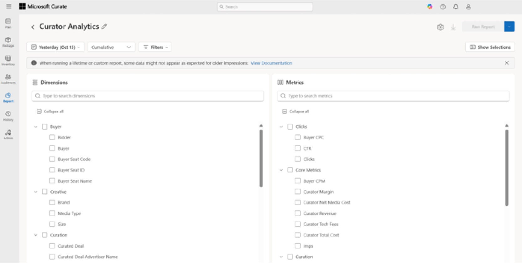 New reporting interface in Microsoft Advertising Curate.