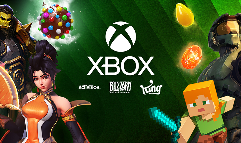 Figuren aus verschiedenen XBOX‑Franchises und explodierende Candy Crush Saga‑Bonbons, die die Logos von XBOX, Activision, Blizzard und King umgeben.
