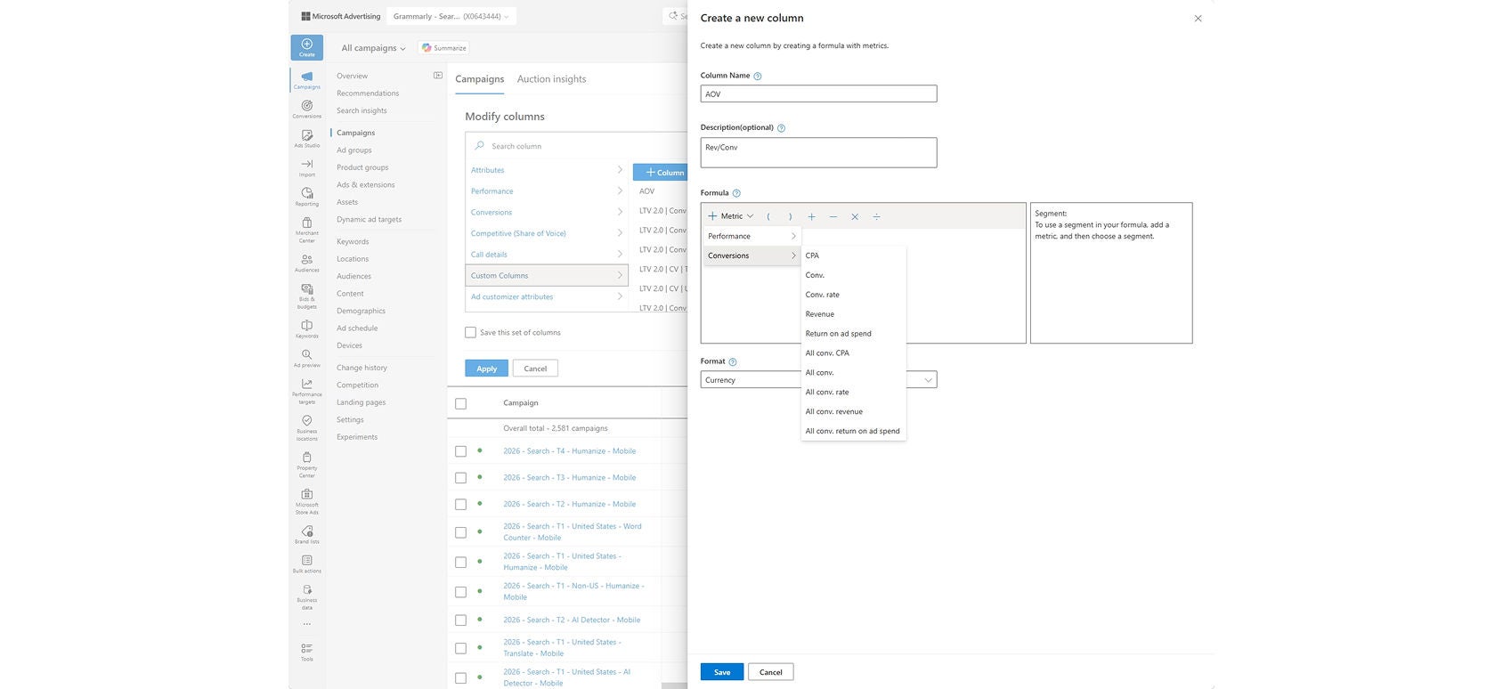 A screenshot of the new custom columns builder with new metrics and segmentation available