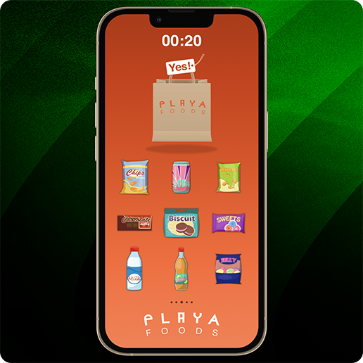 Smartphone mit einem Spiel vor orangefarbenem Hintergrund, einer „PLAYA FOODS“-Einkaufstüte, einem Timer und verschiedenen Snacks und Getränken.