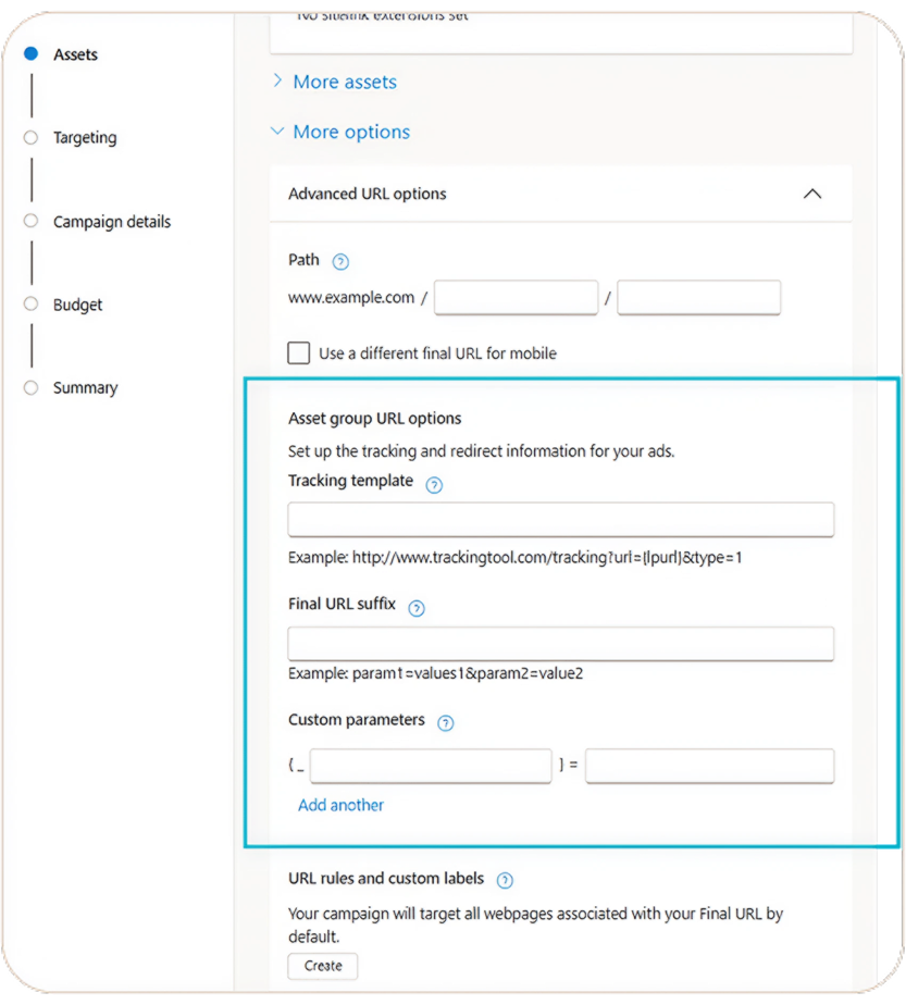 A screenshot of the Performance Max workflow with the Asset group URL options section highlighted 