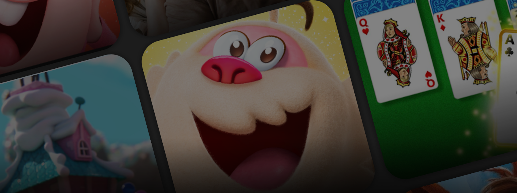 Cartoon-style game graphics with a smiling pink-nosed creature in the center, a snowy castle scene on the left, and playing cards on the right. 